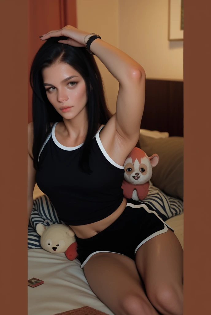 realistic portrait photo of a beautiful woman with black hair, HDR Russian, ultra-textured skin, influencer, cute face, blue eyes, no makeup, Instagram, 4K, very detailed, medium breasts, round butt, wearing red leggings, lying on a bear, poking her ass , ass on camera, in a black torn T-shirt, sexy look