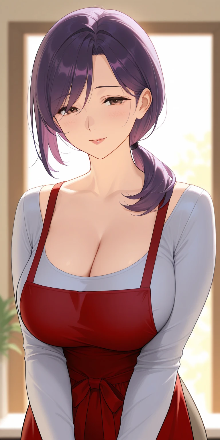 Toujo nozomi, cowboy shot,
purple_hair, long_hair, green_eyes, breasts, smile, blush, twintails, (large_breasts:1.2), hair_ornament, low_twintails, (very tight white shirt), pants