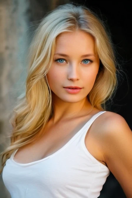 Young Blonde Woman, Beautiful Woman, Straight Hair, (Masterpiece, Top Quality, High Resolution:1.4), 1 girl,20years old, Nude,  middle breasts, angel, abs, skin pore texture, blonde hair, HD , photo, cinematic, full body, realistic, distant view, (8K, RAW photo, Top Quality, Masterpiece:1.2), ( realistic, photo-realistic:1.33), best quality, detailed eyes blue, cute, natural light, depth of field, film grain, wrinkled skin, sharp, detailed and realistic a woman , outside, show us her cleavage, staring at camera, ruffled lips soft natural light, portrait photography, magic photography, dramatic lighting, photorealism, super detailed, intimate portrait composition, Leica 50mm,off-the-shoulder top