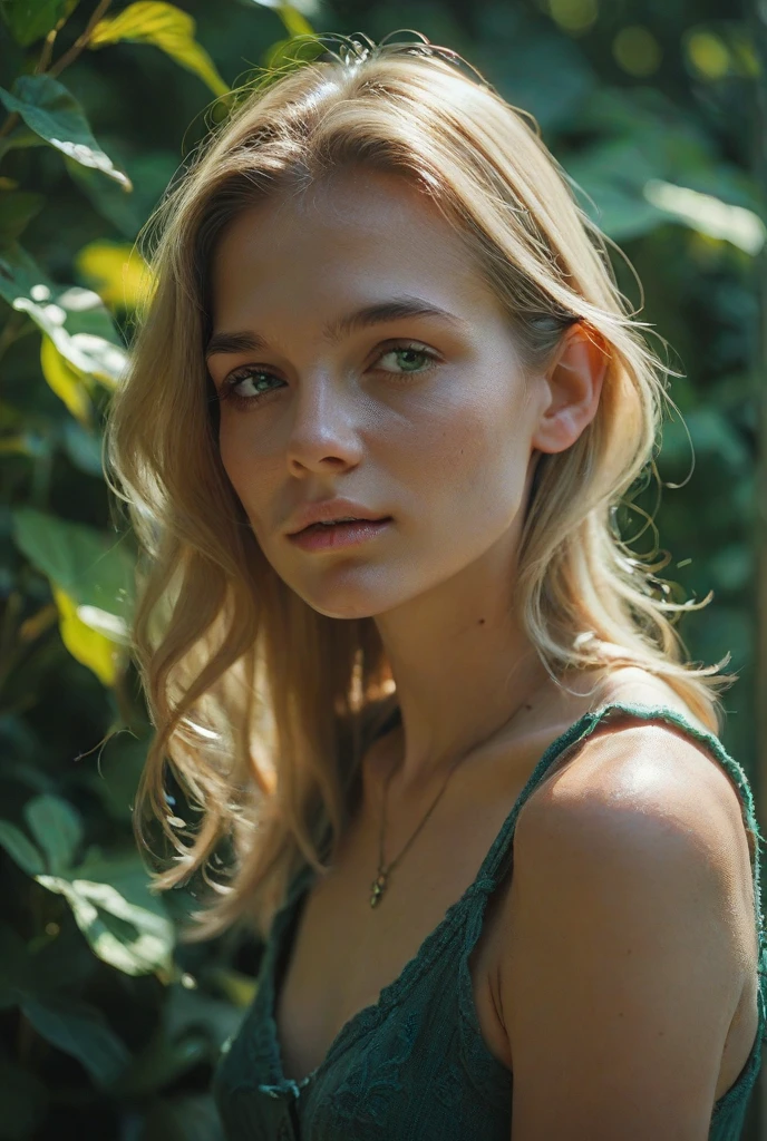 A 11yo European Girl, blonde hair, lost in the jungle, stunning looks, scratches everywhere, as if she has fallen many times,