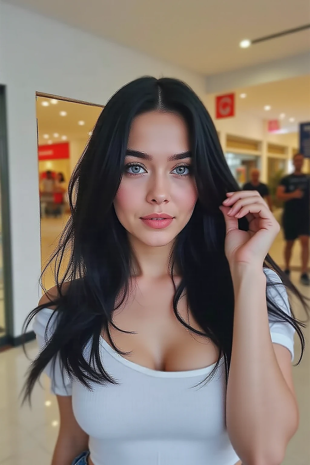 1 girl, long dark hair, European, ear piercings, expressive blue eyes, having breakfast in a cafe