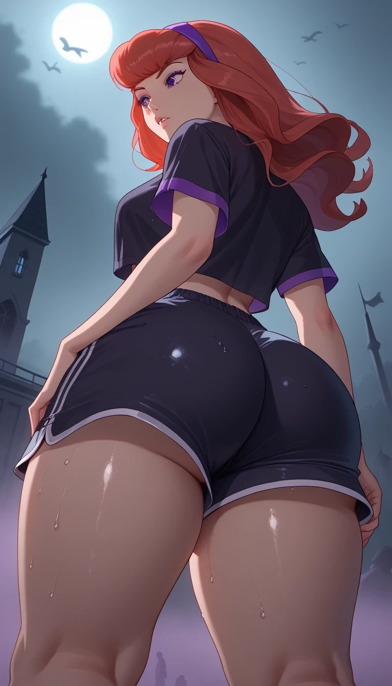 score_9, score_8_below,1 (Daphne Blake), long red hair (black top + blue dolphin shorts ), exposed legs , thick thighs , wet,focus only, Focus ass,retrato de ângulo below, with cannabis theme ,in the cemetery, fog, nightlife ,colorful,2D