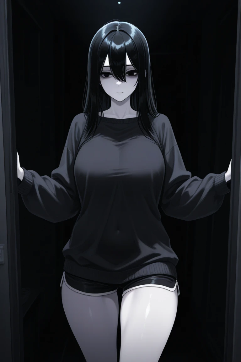 A woman with very long black hair and (very long bangs:1.5), wearing a stylish jacket and tight jeans, standing. The artwork is inspired by manga and incorporates a doujin style. The woman appears to be (wetting herself:1.5), which causes her to feel embarrassed and humiliated, resulting in a blush on her face. In addition, there is an air of anger in her expression. The lighting in the scene is moody, with a spotlight highlighting the woman's figure. She is crossing her arms, (arms crossed:1.5), fully showcasing her jeans., large breasts