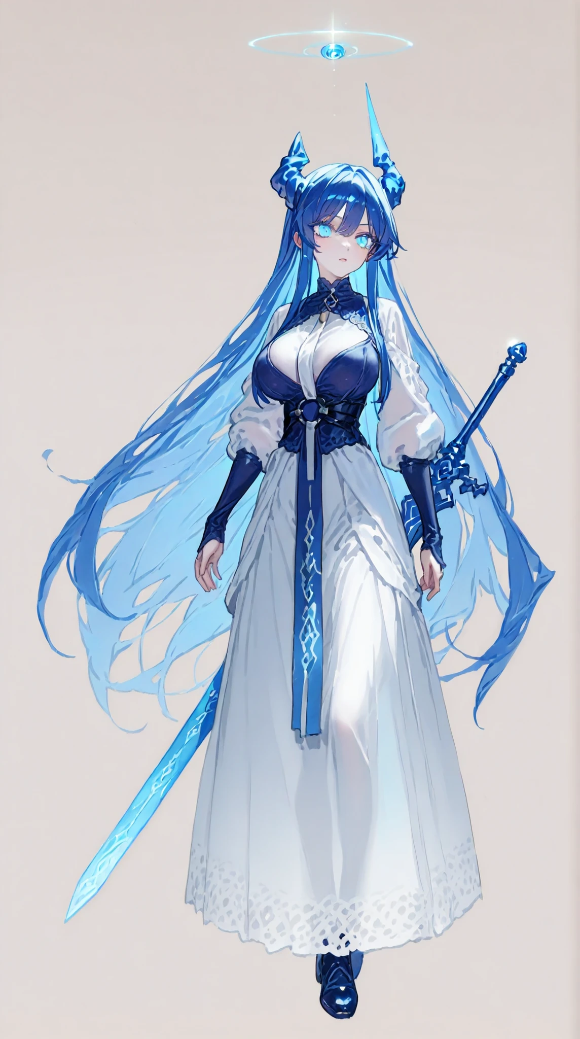 masterpiece、completely complete、super quality、Best Quality、cool、cool、big breasts、adult female、Handsome Guy、 beauty、very long hair、hanging eye、sharp eyed、straight hair、long hair、anime-style、(((cobalt blue hair:1.5)))、((light blue eyes:1.5))、bungs、original character、intricate design、Unique Designs、long eyelashes、full bodyの描画、request、Possible Adoption、full body、background、((白いbackground:1.5))、full body、background無地、backgroundなし、characters only、vivid colors、 Suetsu、has a sword、((blue hair:1.5))。