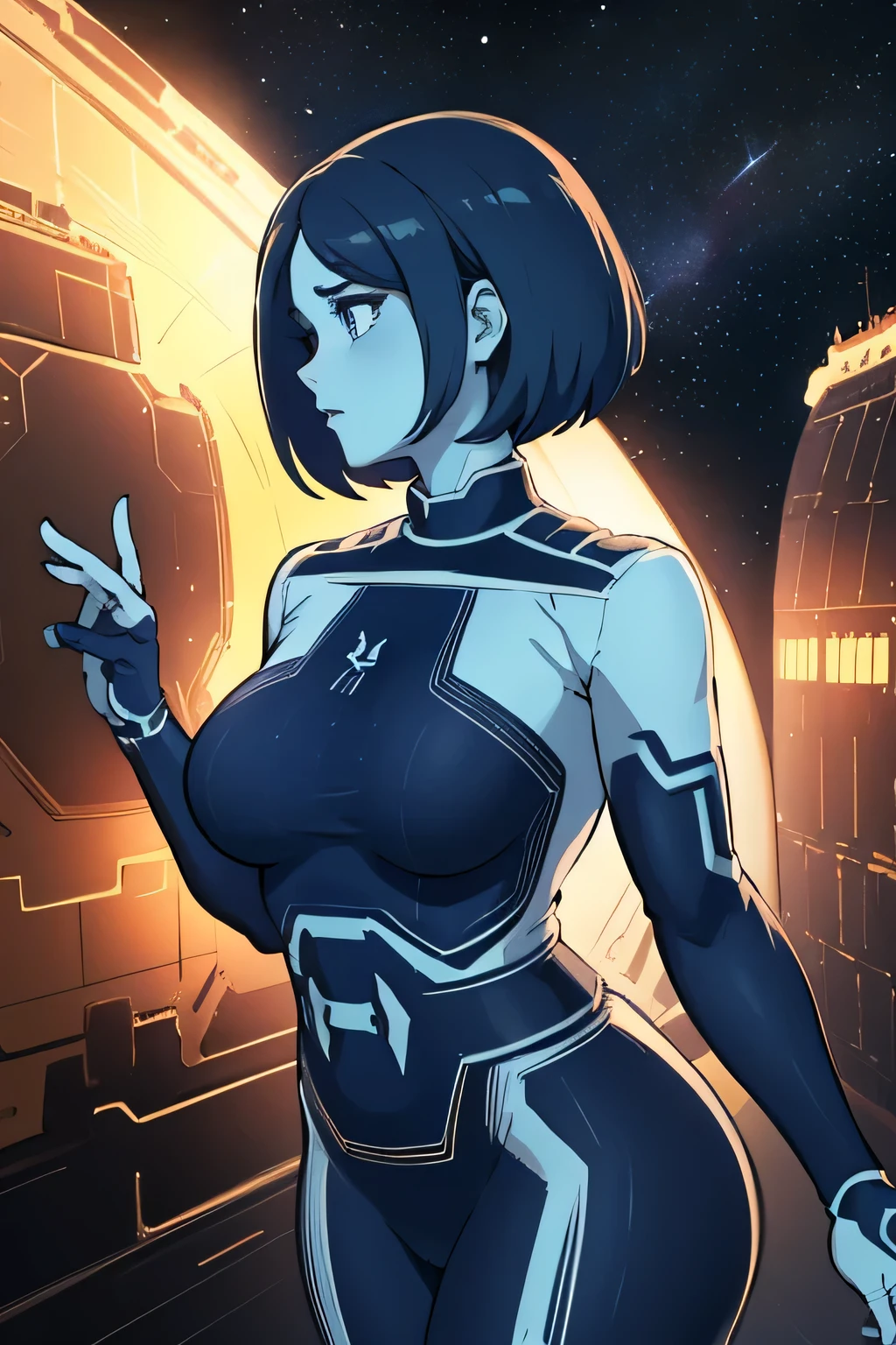 masterpiece, best quality, thewpn, blue skin, blue bodysuit, large breasts, profile, outer space, space station, glowing, hologram, spotlight