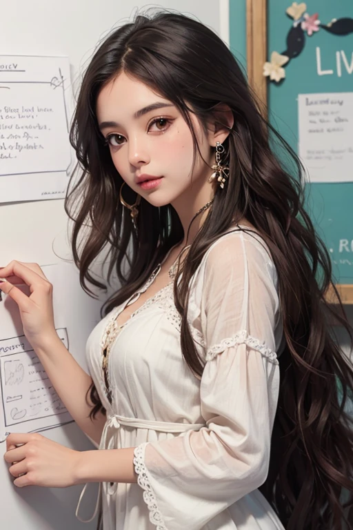 (RAW photos, best quality),(A girl with a literary atmosphere),Extremely refined, Astonishing, Fine details, masterpiece, Extremely detailed,high resolution,Long hair,Messy hair,(Soft lighting:1.4),(Smile),bay
