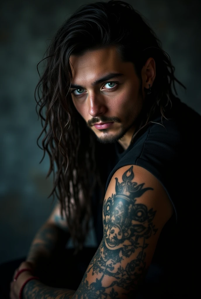 A beautiful male warrior with decent long hair , wearing torn jeans, tattoos on both shoulders, with cool bracelets, sitting on a rock , with beautiful cloudy scenery behind him. High detail with good lighting and ambience 