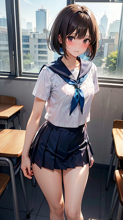 NSFW、(Short sleeve white sailor uniform:1.3)、(Dark blue micro mini skirt dark blue:1.2)、(White string panties:1.2)、Dark blue micro mini skirt dark blue、Mature Woman、Toned body、Big Breasts、(tall、daddy longlegs、175cm)、(quality))、((masterpiece))、(これはclassroomでセーラー服を着たセクシーな女子高生のクローズアップショットです:1.4)、(solo:1.4)、(One girl:1.4)、(Very short black hair:1.3)、(Light blue eyes:1.2)、(belly button:1.1)、(Navy collar、Yellow tie)、Dark blue micro mini skirt dark blue、Recommended results、Plump nipples、Stand up straight、Abdominal muscles、Huge bust、Angle to floor:1.2、Low camera angle、School、classroom