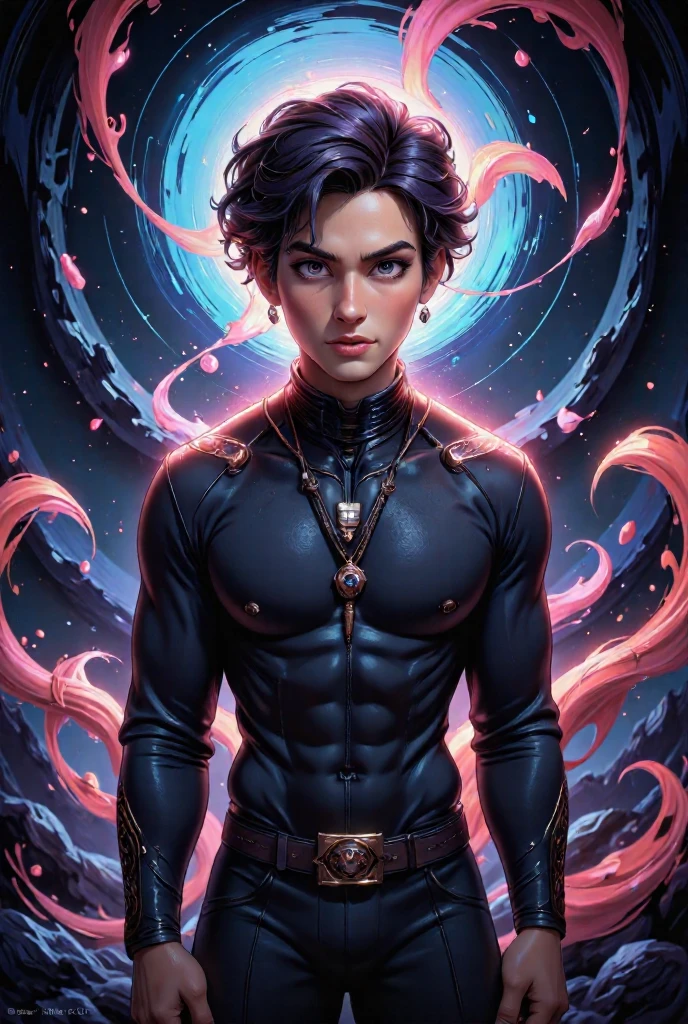 sonhe como, trabalho preto, um homem sujo e careca, Traveling between dimensions, dynamic posture, feliz, olhos suaves e queixo estreito, bokeh extremo, figura delicada, cabelos longos lisos para baixo, camisa kawaii rasgada e jeans largos, No estilo de Jordan Grimmer e Greg Rutkowski, crisp linhas and color, fundo complexo, particles, linhas, vento, arte conceitual, sharp focus, cores vivas
