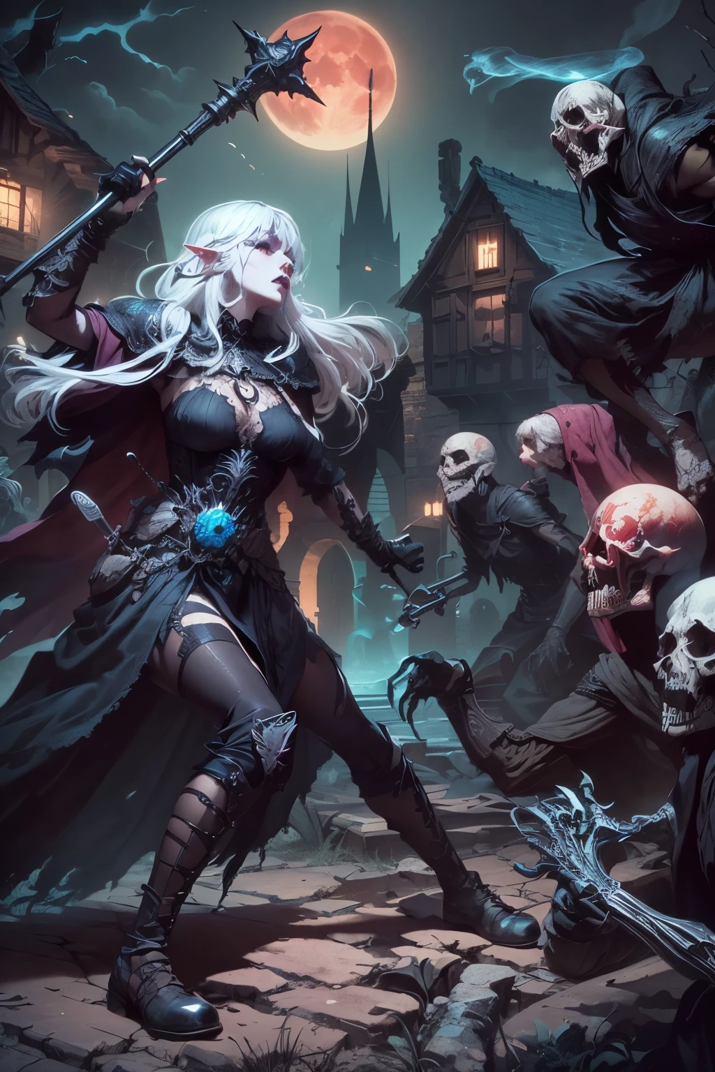 (Ultra-detailed face, Looking Away, Gothic Illustration, Dark Tone Colors.) , BREAK
(The night sky with the red moon shining eerily. A decaying cemetery in an abandoned medieval European village. Black gas drifts in the air. Eerie. Terror.) , BREAK
(In the center of the graveyard, a female dark elf cleric strikes a bold pose and in one large motion, attacks an undead with a silver mace in her hand. Speedline. She is surrounded by zombies, skeleton warriors, ghosts, wraiths, and lichs who are about to attack her.) , BREAK
(A dark elf female cleric wears a Venetian mask, white hair and white eyebrows, crisp bangs, shoulder-length wavy hair, small pink lips, lavender eyes, dark purple skin, and eyeliner.), (She wears a shiny black bib necklace with a net covering her neck. She wears a jet-black, classic medieval European-style lace-up dress made of several layers of cut cloth sewn together. She wears soft leather short boots and taped shins.)