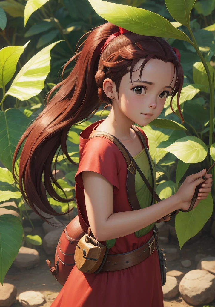 masterpiece, highres, 8k, best quality, , perfect lighting, cinematic lighting, anime, <lora:arrietty_ghibli:1.1>, 1girl, (arrietty:1.2), solo, :), smile, big metal bow, looking at viewer, brown hair, (leaf:1.3), ivy, tall, high ponytail, ponytail, red long dress, black eyes, minigirl, ponytail, (RSEEmma:0.3), <lora:RSERomantic_RSESofiko_RSEEmma-v1:0.2>