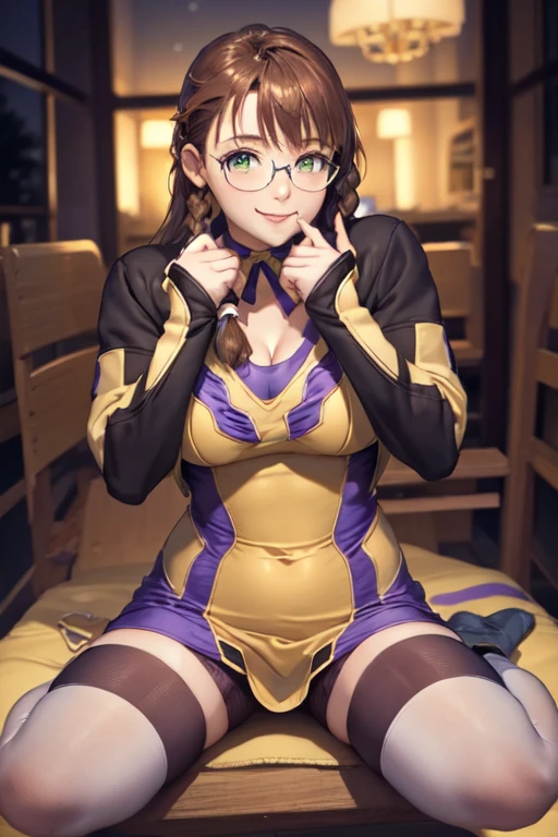 8k、masterpiece、Japanese、Woman wearing glasses、anise、from the front、smile、Childish、Big Breasts、Transparent school swimsuit、night、Bedroom、Spread your legs and show