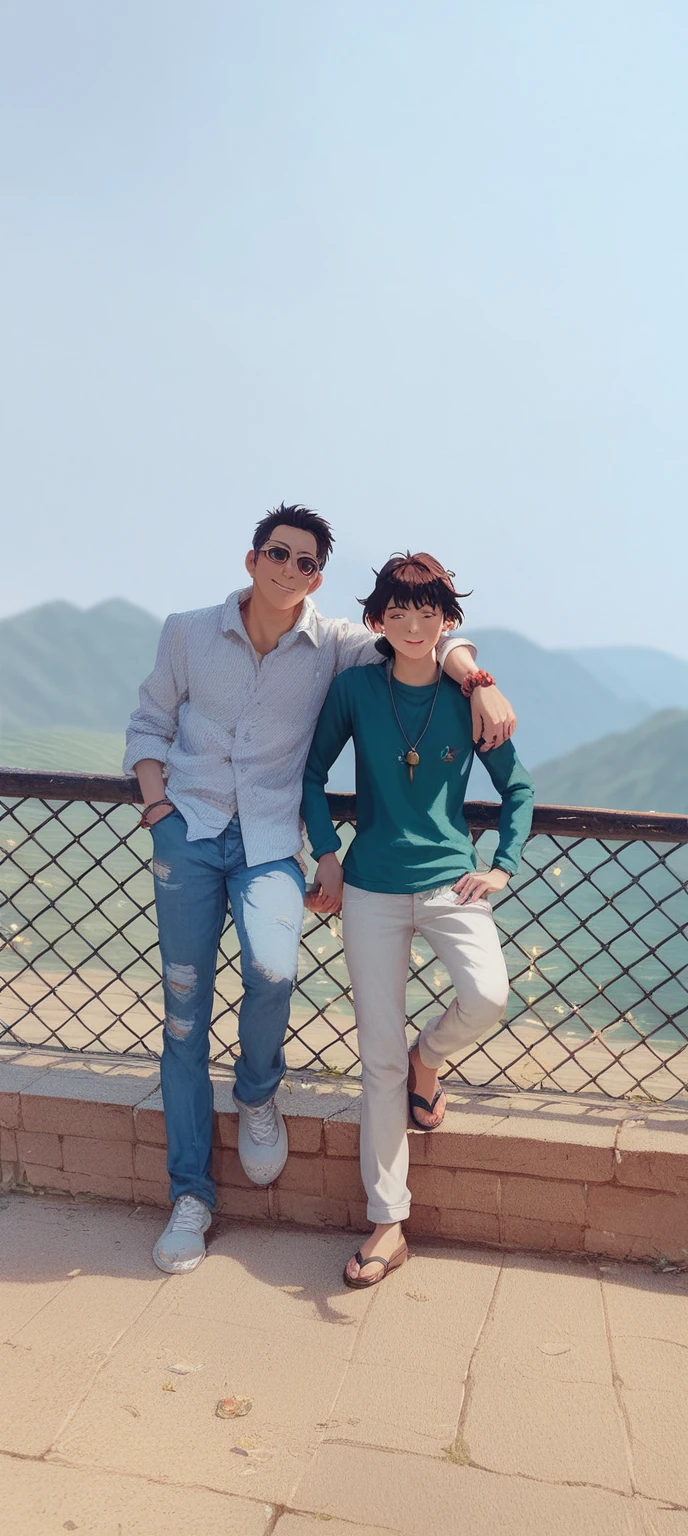 masterpiece, cute, romantic, best quality, 2others, couple, mature, adult, height difference, different fashion, different color, sexy clothes, long sleeves, smile, happy, love, swirling wind, blue sky, short haired man, light brown haired man, black haired woman, long haired woman, bespectacled woman, castle, waterfall  