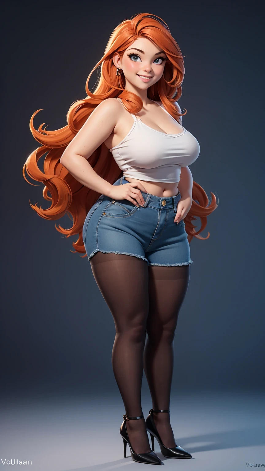 Girl with huge chest, blue eyes and long orange curly hair with yellow hair ribbon and wearing a strapless red bra top with black horizontal stripes and tight pink denim pants and red shoes
