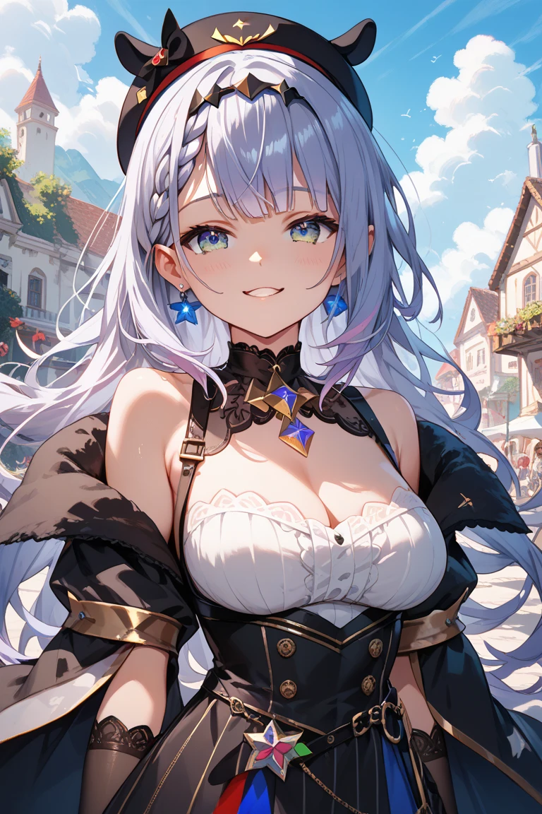 A woman wearing traditional dirndl dress, silver hair, long hair, pigtail hair, red eye, blue eye, multicolored eyes, big breasts, smiling, walking on a stone walkway in medieval style, city in traditional German aesthetic, some trees on site, close view, traditional lamps..UHD , prime work , accurate , anatomically correct , textured skin , super details , high quality , best quality, 8k, high resolution, bokeh effect. (woman alone)
