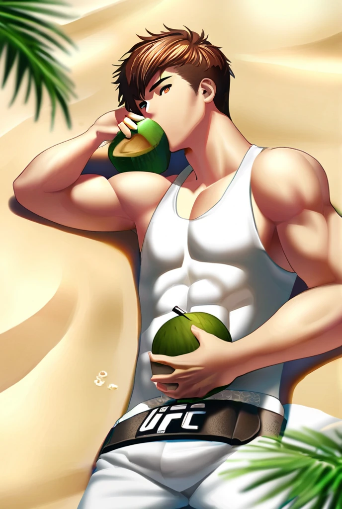 Dark brown haired man , greeneyes, strong arms defined abdomen , em uma praia , drinking coconut water , offwhite