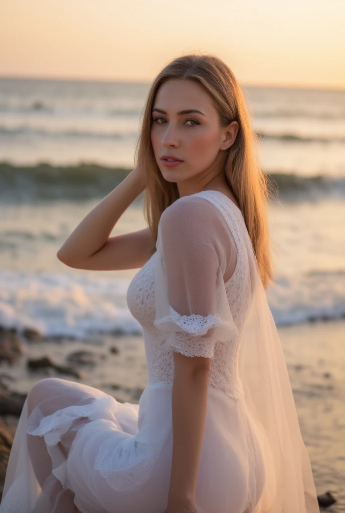 8K,best quality, an extremely delicate and beautiful ,A blonde girl,with long hair, twisted into braids, wearing a pure white loose (see-through:1.7) wedding dress,Lower abdomen tattoo, (braless:1.7),(without underwearing:1.8),(Mammary Nipple)(expose :1.6),lying flat on a beach,(spreading legs:1.8)(lifed one leg),(Both hands are behind back:1.4),revealing a tempting smile. -- A sunny day, beautiful beach with a palm tree. -- Sensual. -- Romantic and intimate. -- Warm and inviting lighting, casting soft golden hues and casting intricate shadows across