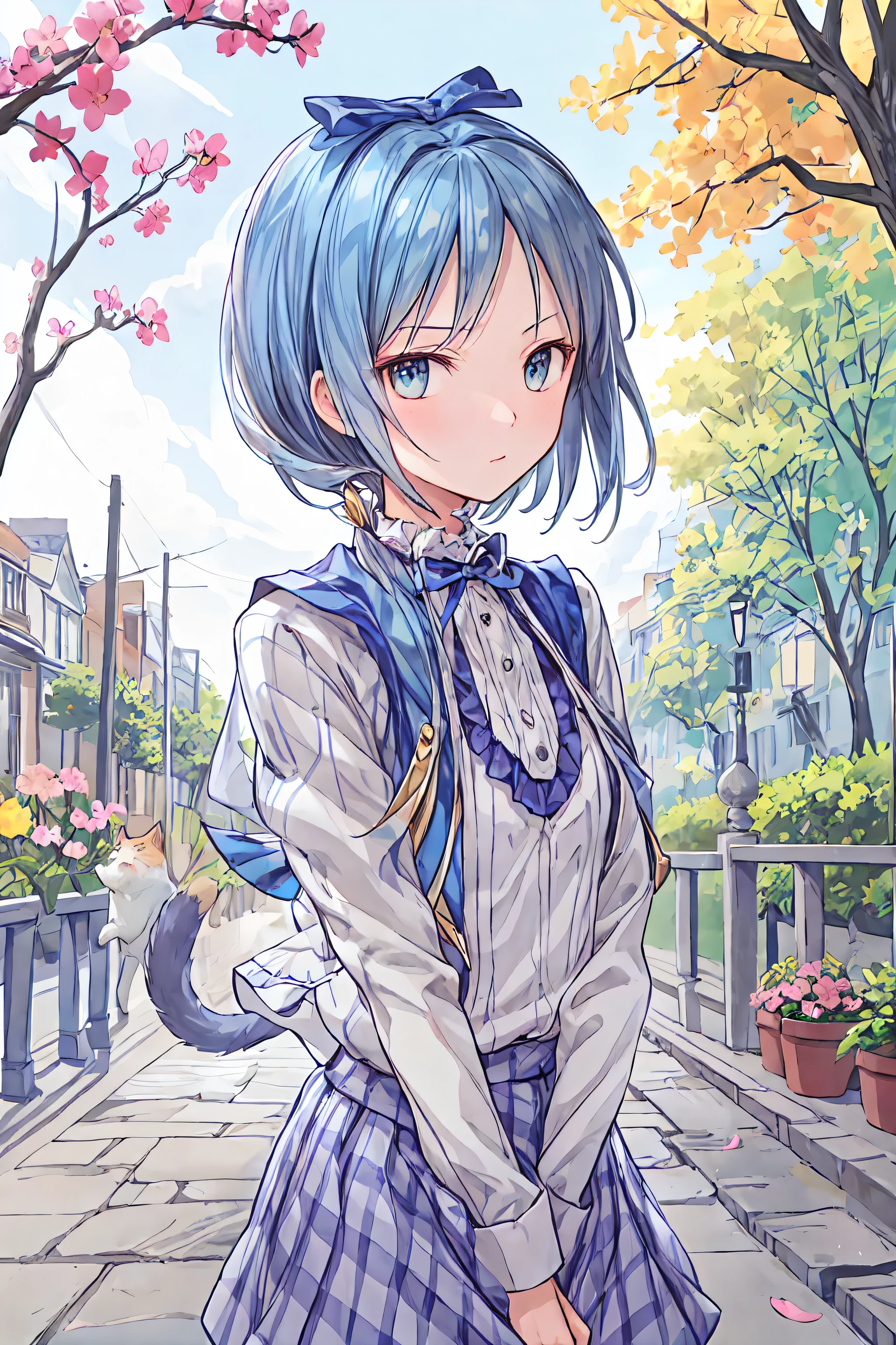 ((masterpiece)), (Best Quality), (super detailed), (beautiful illustration),
outdoor, Flower Garden, cherry blossoms,
Concealed Tsukiko ,Gray Hair,short hair, Aqua Eyes,side ponytail,uniform,white shirt,pink plaid skirt, black legwear ,
solo, cat_ear, ,
kneel, From the above, focus on the face, Face Up, cat_hand_pose, poker face, fist