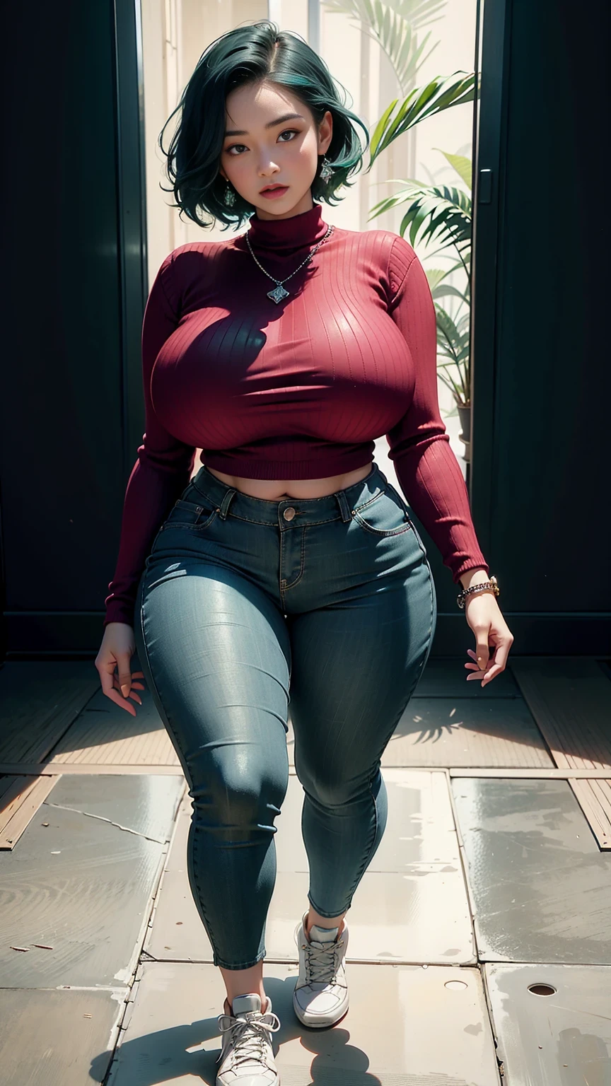 photorealistic, high resolution, soft light,1women, solo, wide hips, (detailed face),tattoo, jewelry, long sleeve sweater, red sweater, blue and green hair Color , (closeup), wide angle,, (busty), ((huge breasts)), large breasts, full body angle, 40 years old woman , thick thighs , thick arms , standing in dark rooms, pants, wearing a three bracelet, wearing two diamond necklace , wearing a watch, wearing airmax shoes , japanese goddess, wavyshort hairstyle, fat belly, thick fat belly, thick wide hips, thick arm, bbwchan, massive arm,