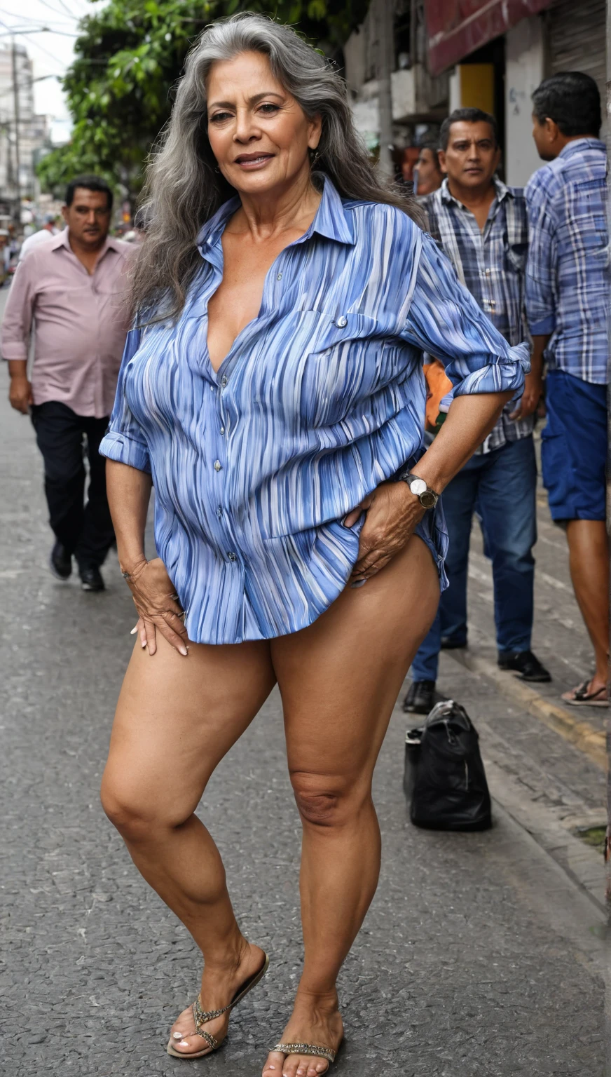 A 65 year old black lady, she's skinny, weighing 50 kilograms distributed over a body that is 167 centimeters tall, with medium, flabby breasts, wide hip, thick legs and thighs. She has an expressive face with lines of time from age, small mouth, brown eyes with a serene and suffering look, light brown eyes and wavy hair. She's wearing prescription glasses,  A line of denim skirt and a white dress shirt open, revealing fully bare breasts., she's leaning against a wall of a shack in a Brazilian favela at night.