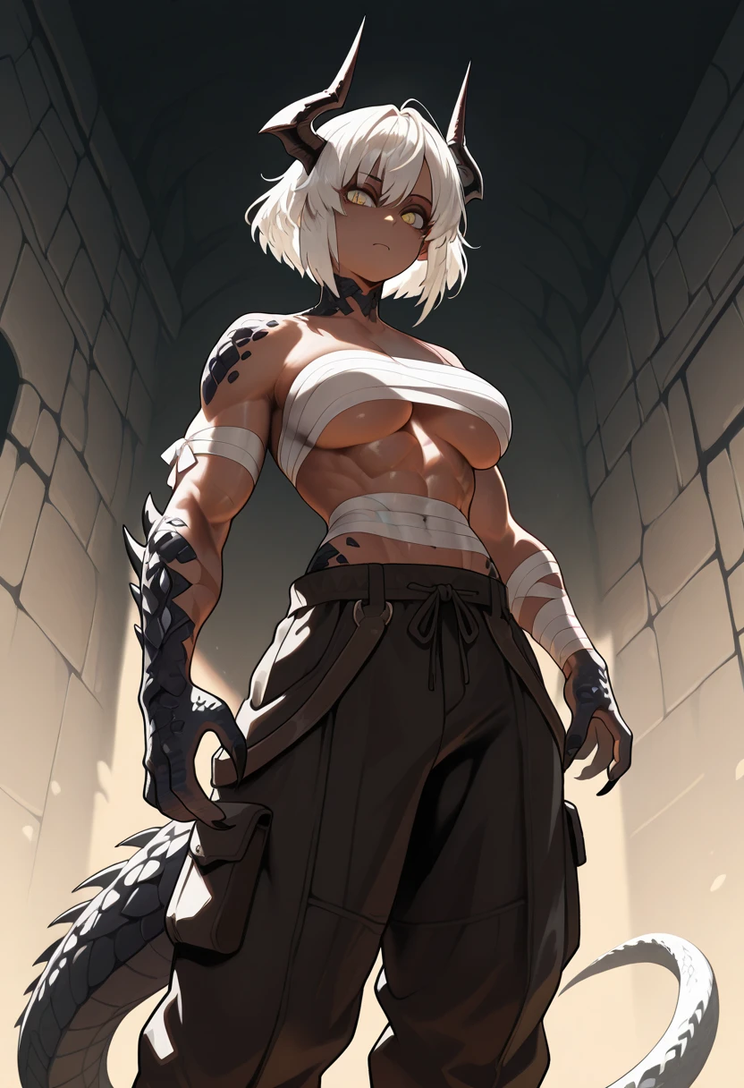 woman, 27 years old, adutas, human, dark skin, white hair, hair with a bangs, hair a gigamte braid atraz, leteral hair shaved muscular body, fighter, perfect face, brown clothes, portrait, monk, bandage on anti-arm, serious face, white background, full ha, 4k, cartoon style, flat-2d, drawing strokes