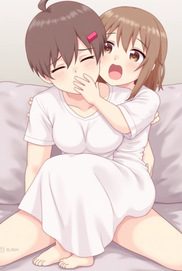 Highest quality, High resolution, masterpiece, (Beautiful Eyes), (Fine grain), Detailed face, kumiko oumae, Brown eyes, Brown Hair, short hair, Wavy Hair, smile, blush, indoor, bedroom, White bed, (Wide pelvis:1.5), (Big Ass), (Nipples), (Completely naked:1.5), (Thick thighs), (10year old small boy), (Hugging a boy:1.5), (Boy sucking breast:1.5), nsfw