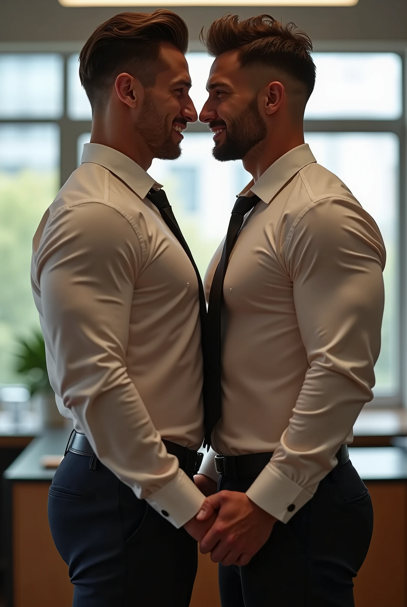 Latino beared muscle hunk, two person in one photo kissing each other mouth to mouth lip to lip kissing, with big muscled chest, arms, triceps, biceps, wrist, in white formal shirt, grey formal pant, brown formal shoes,  football soccer shoes, sexy hairstyle, handsome face, standing in office, full body, top to bottom, dimple in his face, full body, see with attitude, open shirt showing chest, gay kissing, from above view, erotic, seduction,  hot kissing, smooching 
