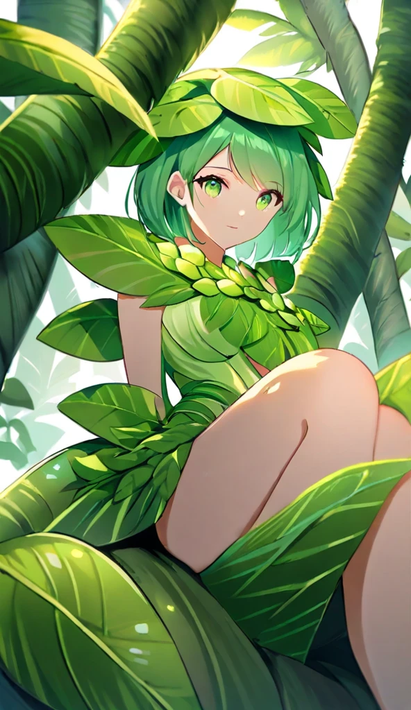 A lovely elf woman in sheer green dress (no underwear), posing in a lush green garden, sultry poses, large colorful flowers, suggestive fruits