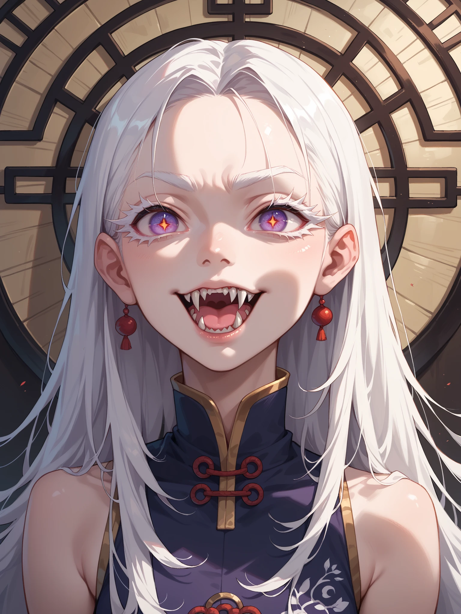 1girl,solo,toutetsu yuuma,white hair,blue dress, red sleeves, bare shoulders,oil,(sharp teeth:0.4),upper body, from below,naughty face, evil smile,black petroleum on hand,hell, licking finger, <lora:toutetsuLocon:0.9>, source_anime, score_9, score_8_up, score_7_up, highly detailed, clear line
