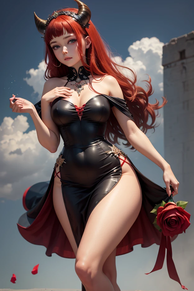 Woman in shirt skirt, red hair, dark red lipstick, cleavage, ((in a beautiful flowered garden)), seducing, naughty look, (beautiful eyes), best quality, realistic,