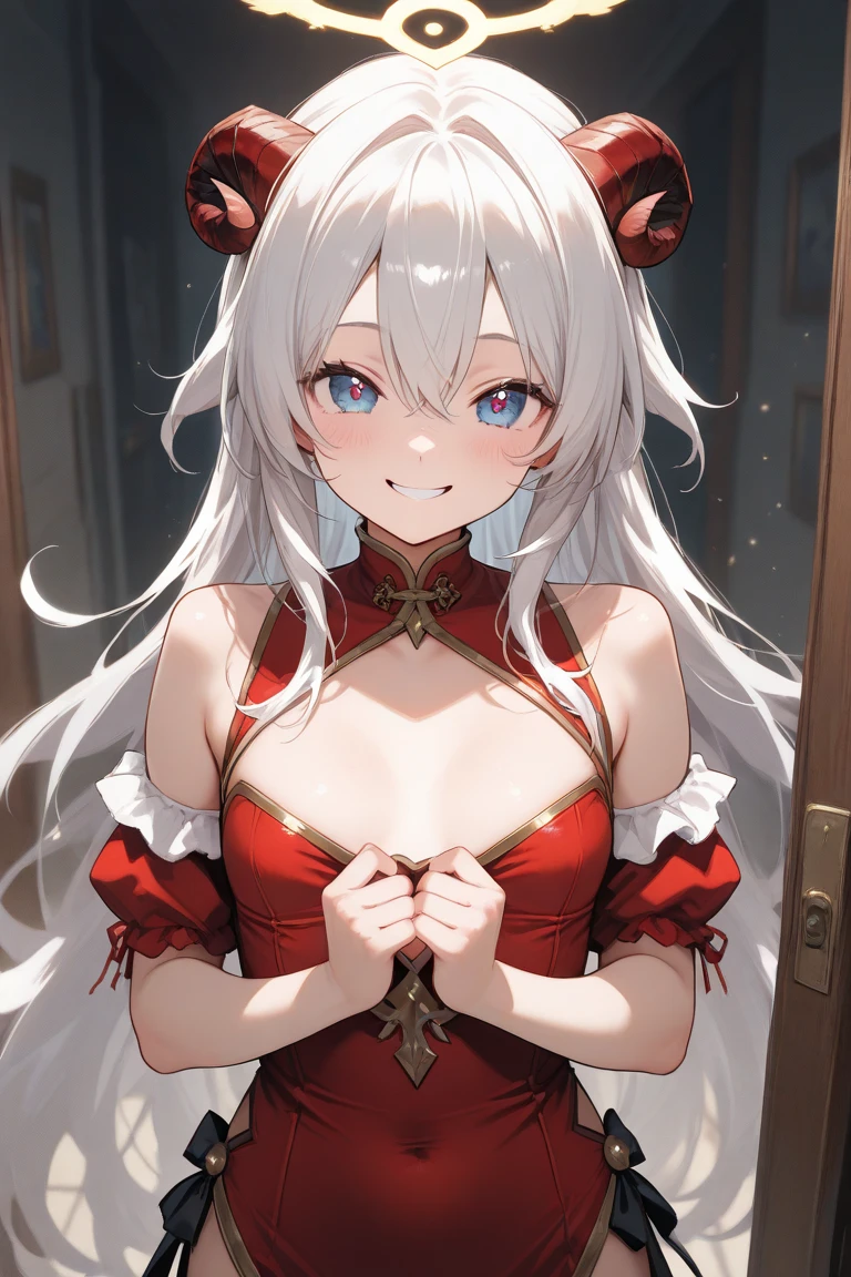 (masterpiece), (highest quality), (ultra detail), official art, one girl, Silver-haired loli, petite girl, Saint Loli, shrine maiden, white and gold see-through dress, No sleeve, off shoulder, small, small, small, cleavage, underboob, thigh focus, Navel exposed, Card Illustration, temple
