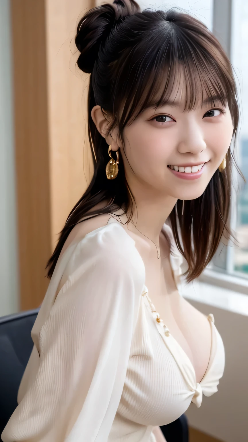 8k, best quality, 1girl, A Japanese young woman, in hotel room, (smiling:1.3), a close-up, short hair, crystal clear white skin, detailed eyes, detailed lips, wearing a sexy white negligee,