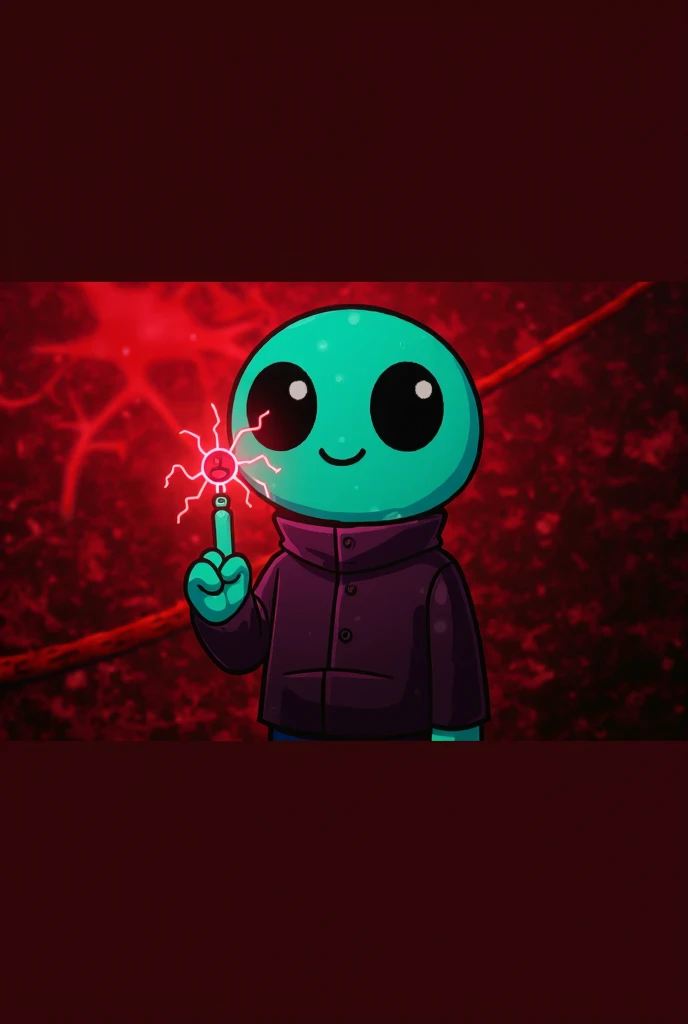 PURPLE BACKGROUND WITH RAYS, CARTOON CHARACTER MAN WITH DARK BROWN HAIR, DARK BROWN EYES WITH WHITE SKIN COLOR, WITH A SKULL MASK IN THE MOUTH
