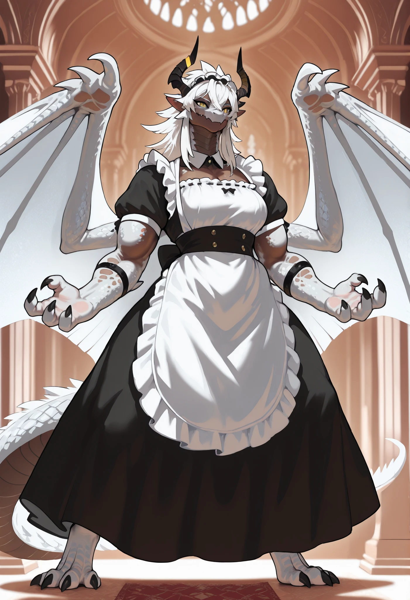 muscular creature, feral dragon, semi anthro, dark horns, yellow eyes, short spiky white hair, maid outfit, closed wings forming a dress, sharp claws and scales, silver scales on arms and legs, calm pose, athletic, posed in a dynamic stance,dark skin tone, BREAK background is simple and muted, with a gradient effect and soft, neutral tones.