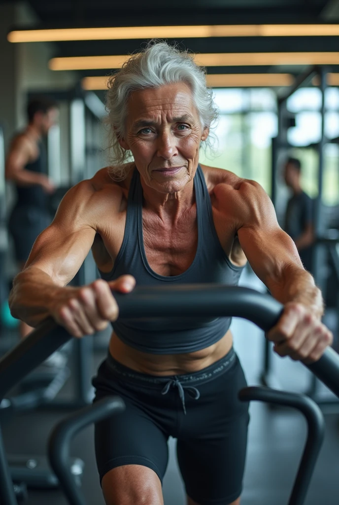 Masterpiece, 55 year old woman, gray hair, blue eyes, fit, wearing a sports bra and black short shorts, wet skin, running on a treadmill, realistic, view from side