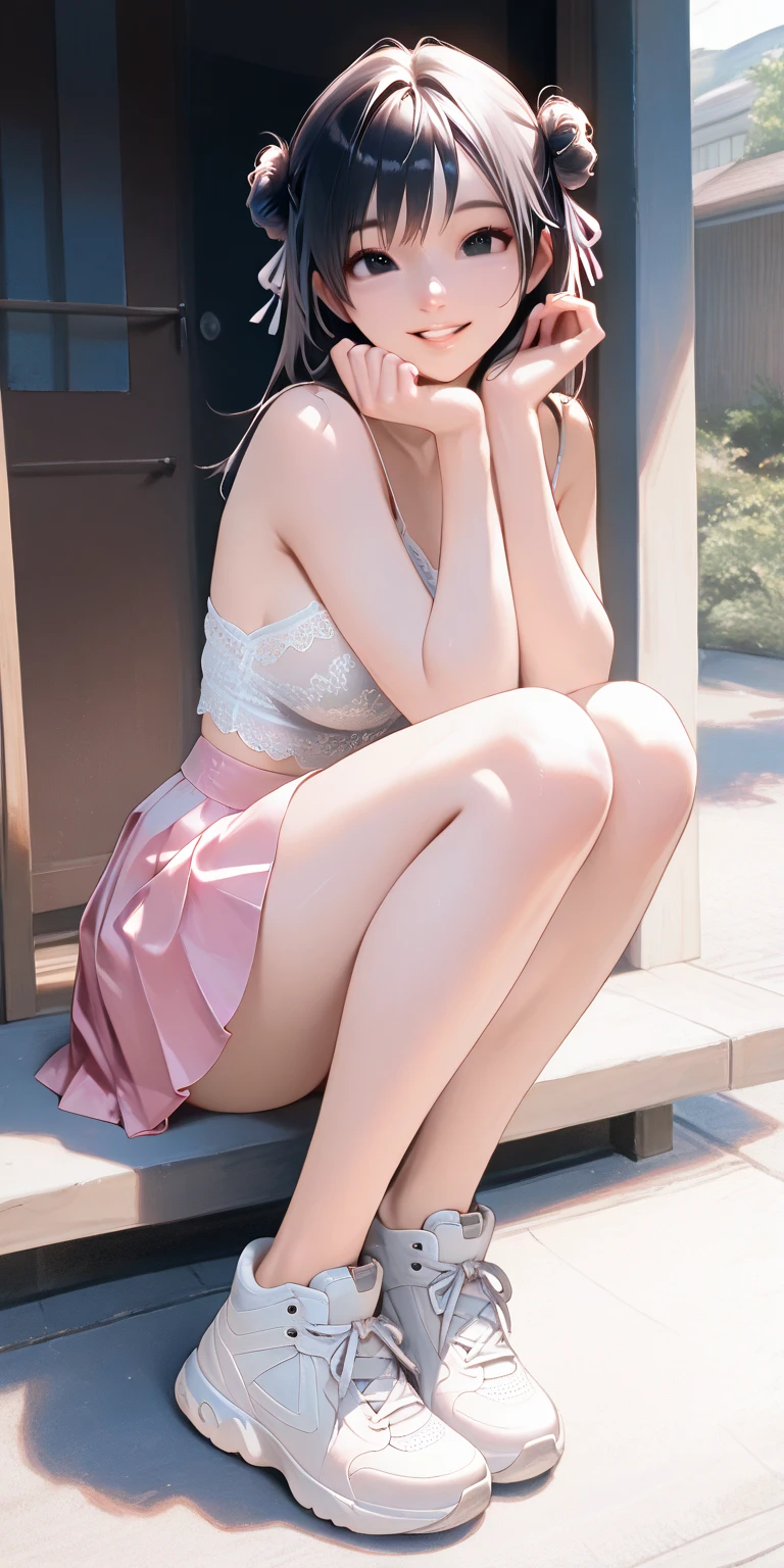 1girl,Wearing colorful dresses,(((Bottom view))),athletic sneakers,Shallow space,Urban architectural background,Sit Pose,Best quality, Masterpiece, 8K,depth of fields, (????? ass), (medium breasts)