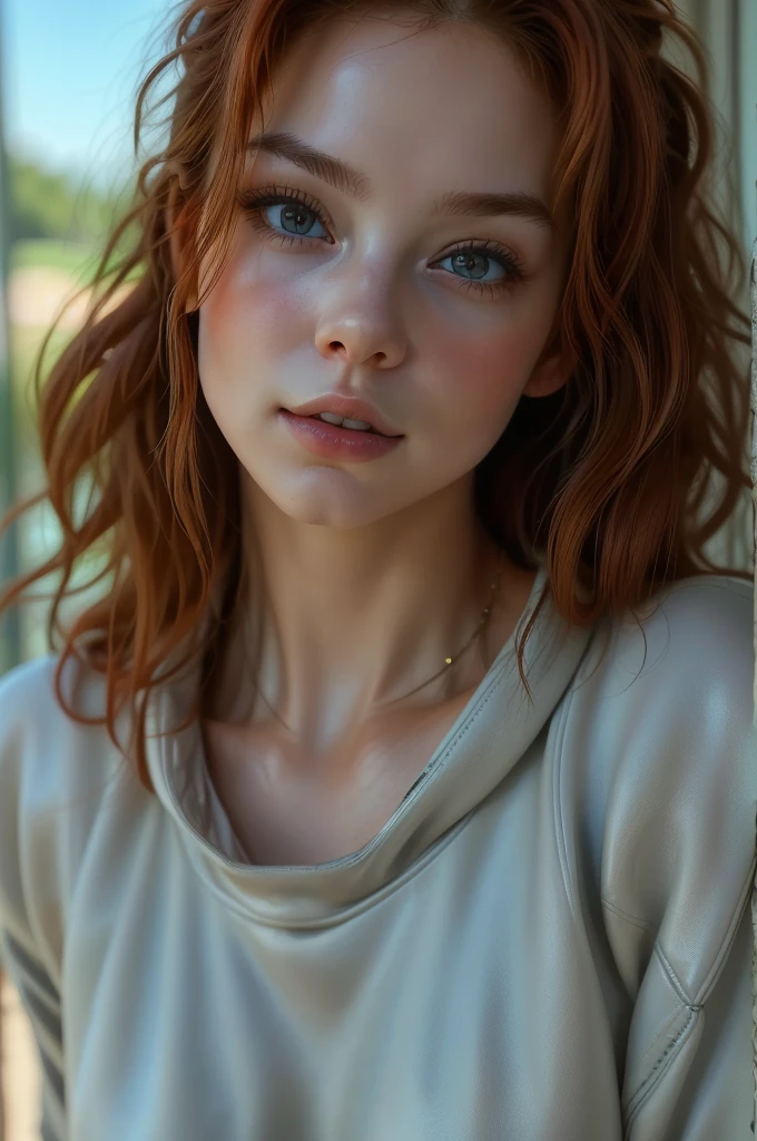(8k, RAW photo, highest quality) depth of field, bokeh, 8K, HDR, cinematic rendering, a portrait of a 36-year-old redhead, framing from the navel, some small freckles, dressed in a ragged nightie, straps dropped, peeled off, leaning against a tree in the wilderness, goosebumps, cinematic, faded colors, dark shot, muted colors, grainy film, read, crazy details, intricate details, hyperdetailed, sunset, shyness, seduction, romance, looks at the camera lens lovingly, no visible hand