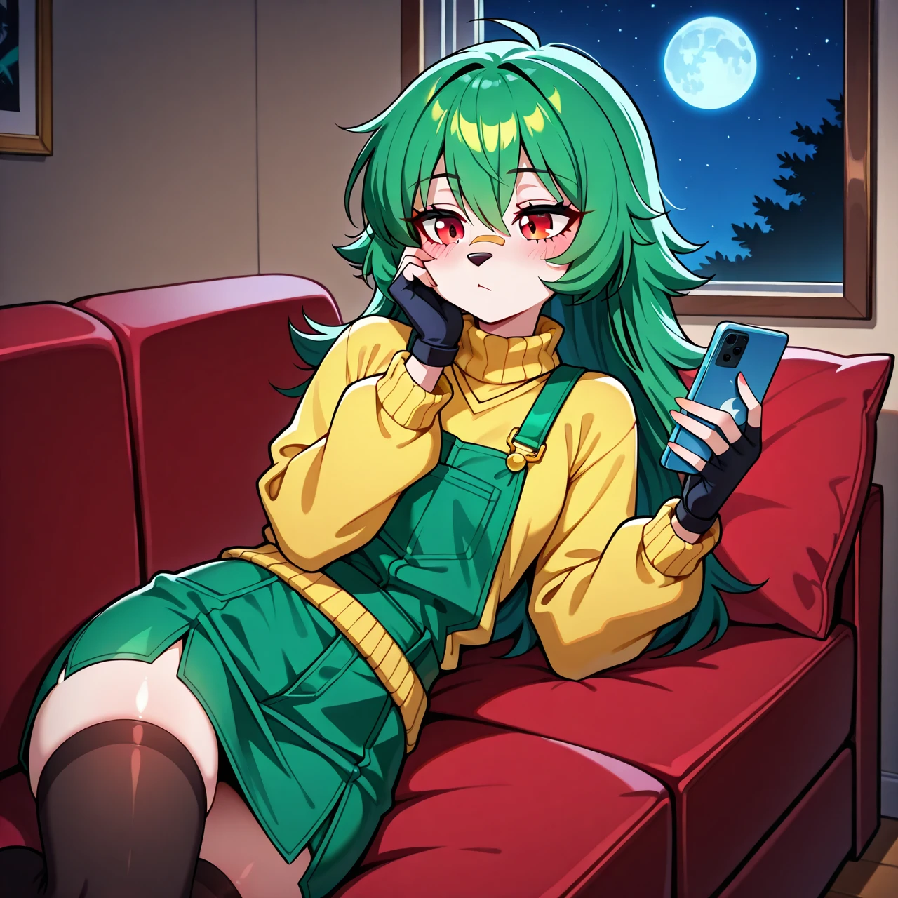 masterpiece, best quality, 1girl, solo, detailed background, absurdres, looking at viewer, <lora:EPpkJenny-06:0.8>, EPpkJenny, green hair, brown eyes, hair ornament, twintails, close-up, space, planets, indoors, dark, lying, on back, fur-trimmed jacket, pom-pom pants, hazel headwear,