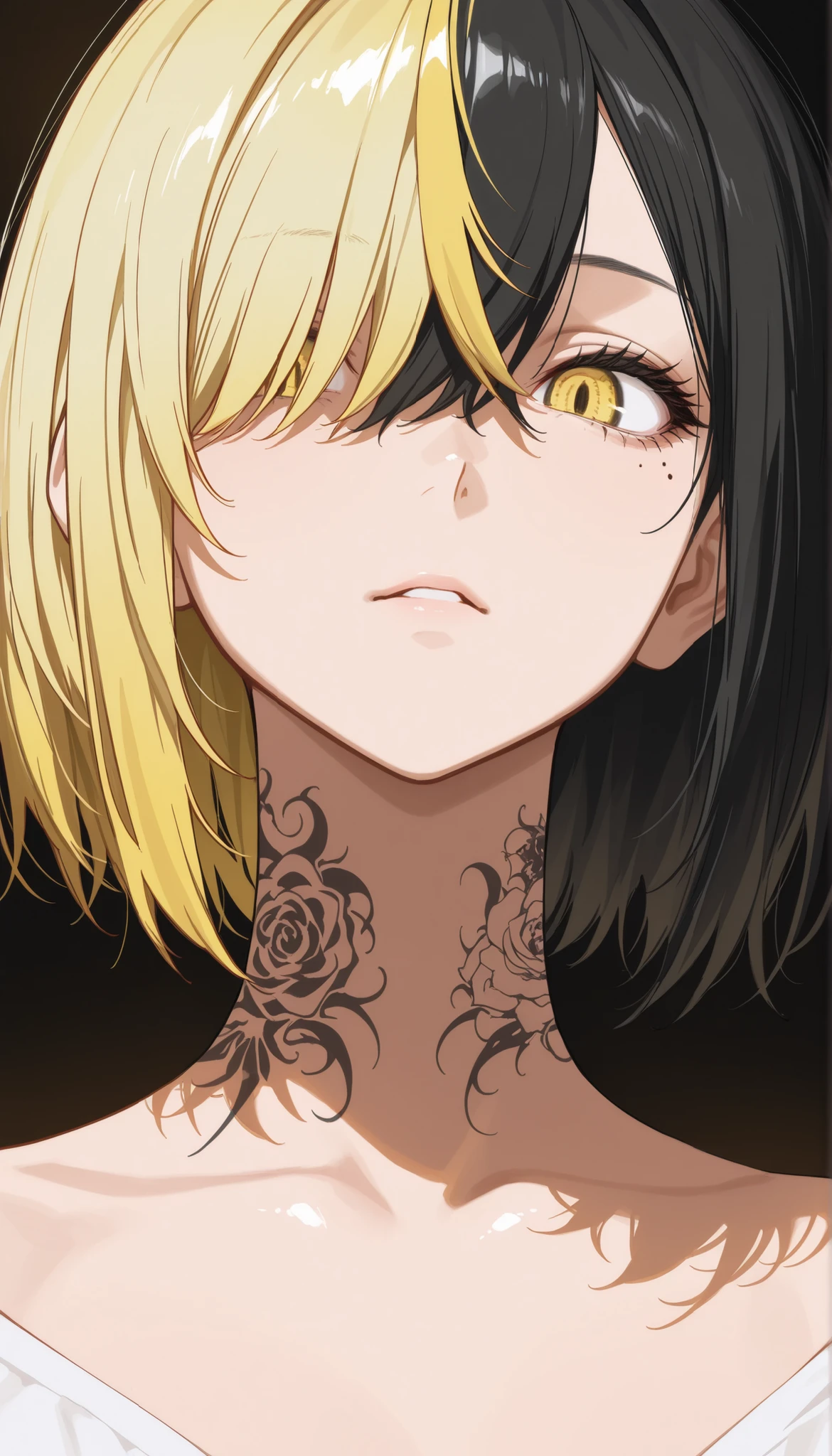 (masterpiece, best quality), best score, best anatomy, ultra deitailed, amazing quality, very aesthetic, realistic:1.4 absurdres, highres, 2024, newest, HDR, 8K, high detail RAW color art, high contrast, portrait, cl, large pupil, eyelashes, shiny skin, 
1boy, kazutora_hanemiya, blonde hair, yellow eyes, short hair, multicolored hair, two-tone hair, black hair, hair over one eye, bangs, tattoo, neck tattoo, mole, mole under eye, semi_side-view,