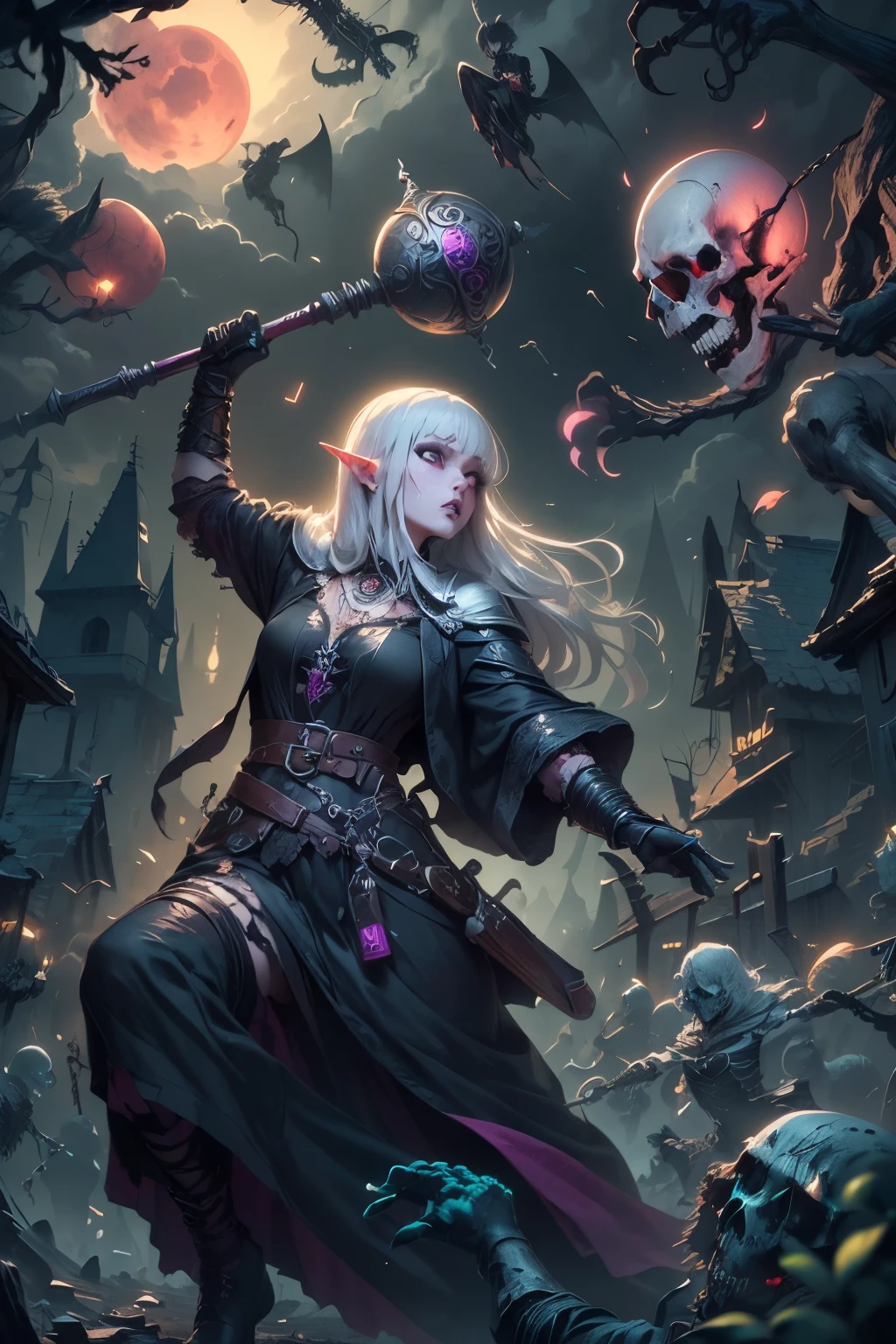 (Ultra-detailed face, Looking Away, Gothic Illustration, Dark Tone Colors.) , BREAK 
(The night sky with the red moon shining eerily. A decaying cemetery in an abandoned medieval European village. Black gas drifts in the air. Eerie. Terror.) , BREAK 
(In the center of the graveyard, a female dark elf cleric strikes a bold pose and in one large motion, attacks an undead with a silver mace in her hand. Speedline. She is surrounded by zombies, skeleton warriors, ghosts, wraiths, and lichs who are about to attack her.) , BREAK 
(A dark elf female cleric wears a Venetian mask, white hair and white eyebrows, crisp bangs, shoulder-length wavy hair, small pink lips, lavender eyes, dark purple skin, and eyeliner.), (She wears a shiny black bib necklace with a net covering her neck. She wears a jet-black, classic medieval European-style lace-up dress made of several layers of cut cloth sewn together. She wears soft leather short boots and taped shins.)