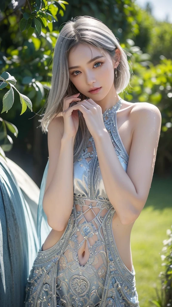 Anime-style woman, thin, thin, whole body, Full of tattoos, Lots of earrings, Beautiful and shiny hair, Rainbow Eyes, Slanted Eyes, Wavy silver hair, Kind and charming, shoulderを露出させる, Delicate and sexy collarbone, Attractive oval face, double eyelid, Pink Lips, Small Nose, Concentrated face, Ultra-high resolution, Very detailed, Graceful posture, Nice, ultra-thin,whole body,arm,shoulder,chest,Giant rainbow rhinestone body art paint on genitals, Glowing Skin, Realistic Background, sunlight,Sunburned, Sunburn,Burning idol pose,Lots of rhinestones on the body