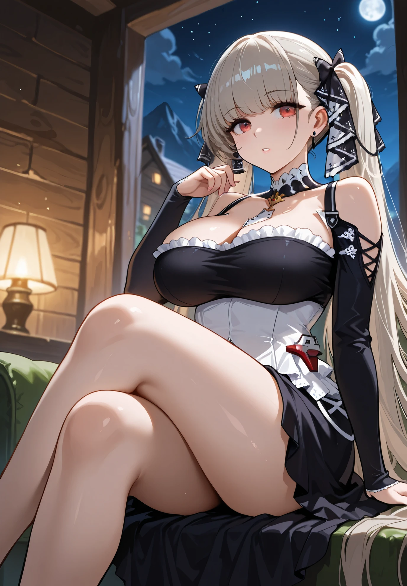 (masterpiece, best quality1.2),illustration,8k,hd,1girls,solo,hand up,(portrait:1.2),long_hair,large_breasts,red_eyes,very_long_hair,bangs,twintails,ribbon,grey_hair,cleavage,hair_ribbon,two-tone_ribbon,between_breasts,black_dress,dress,frills,bare_shoulders,frilled_dress,long_sleeves,two-tone_dress,jewelry,earrings,indoors