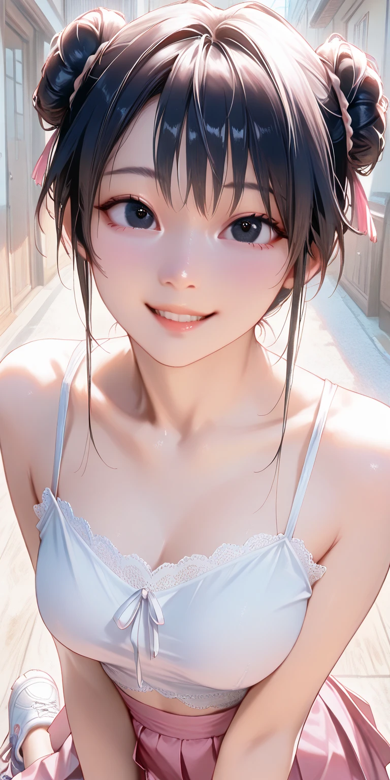 Highest quality、Realistic、Japanese、female、zoom、cute、Grey Eyes、Hair Bun、Chestnut Hair、Back to all、the forehead is protruding、Wedding Lingerie、Looking down、smile、thin、Small 