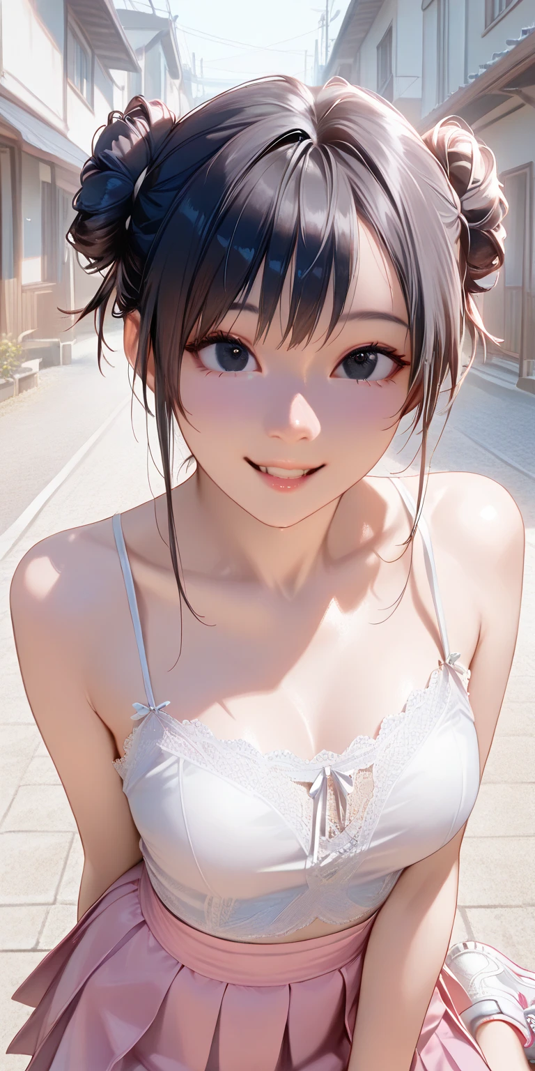 女の子1人、a loli、the bow、((The lace lingerie)), small breasts, under boobs, a picture、realisticlying、top-quality、adopt、A detailed face、细致背景、diffuse sunlight、depth of fields、Bokeh、embarassed expression,  smile, closed mouth, upper body portrait, (see-through), (bare chest)