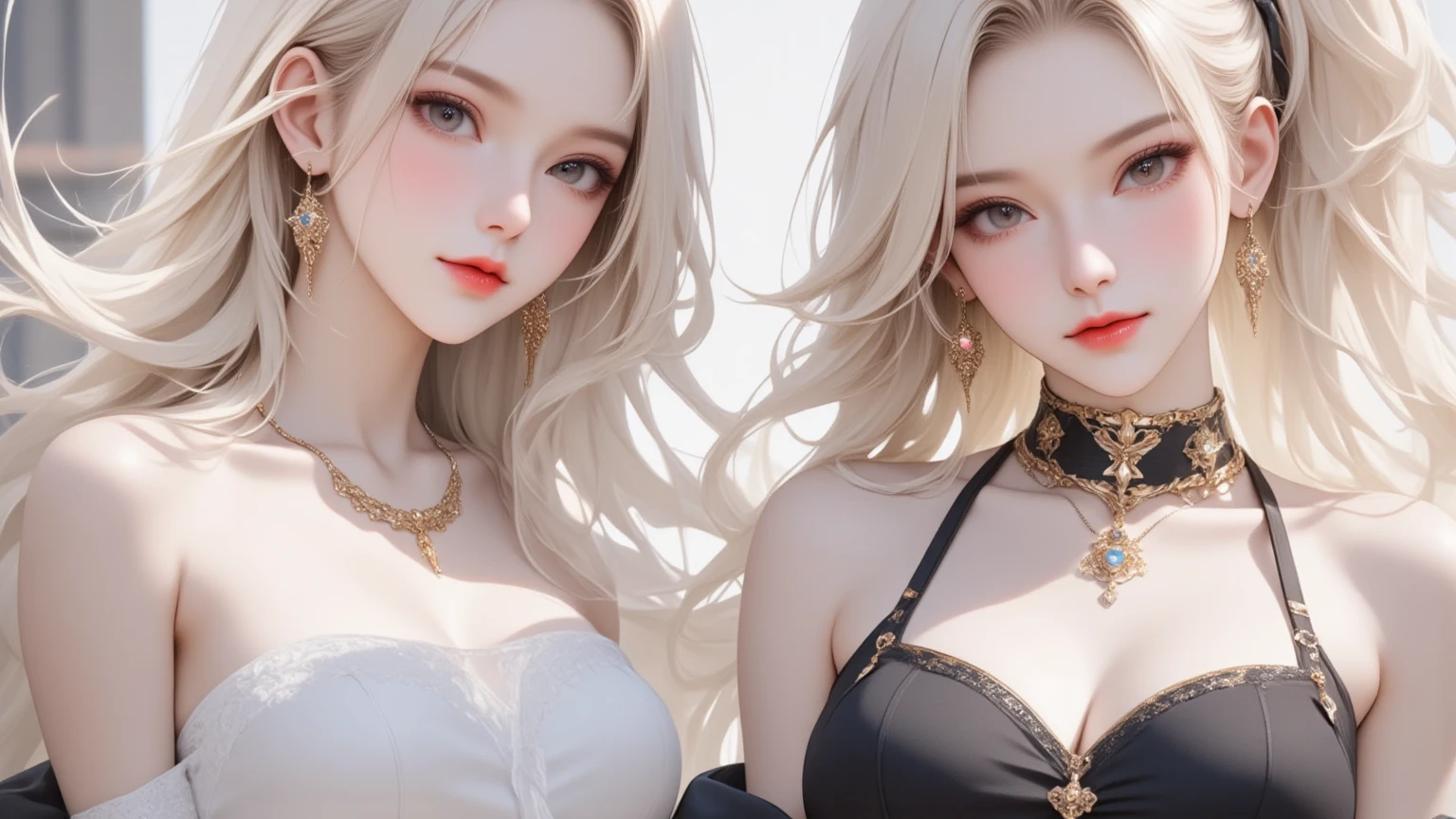 masterpiece, best quality, illustration, beautiful detailed shiny eyes, beautifully detailed skin, Depth of field, bloom, bokeh
highres, absurdres, ultradetailed,,kawaii-colors, highly detailed eyes, shiny, shiny skin, bright eyes,
((fisheye lens, audience, onlookers)),
Lineart , (((2 girls))), ray tracing, (dim light), [realistic] ((detailedbackground(bedroom))), (((silver hair)), (((A long disheveled silver-haired, busty yet slender girls with a high ponytail))) are in the ominous bedroom, averting their blonde eyes, ((and the girls wear intricate embroidered blackhighslitcheongsams with pantyhose and whitefurtrimelbowgloves)), as the girls sitting in quite intimate contact each other to show off their delicate svelte figures and lissome curvaceous beauties, correct limbs