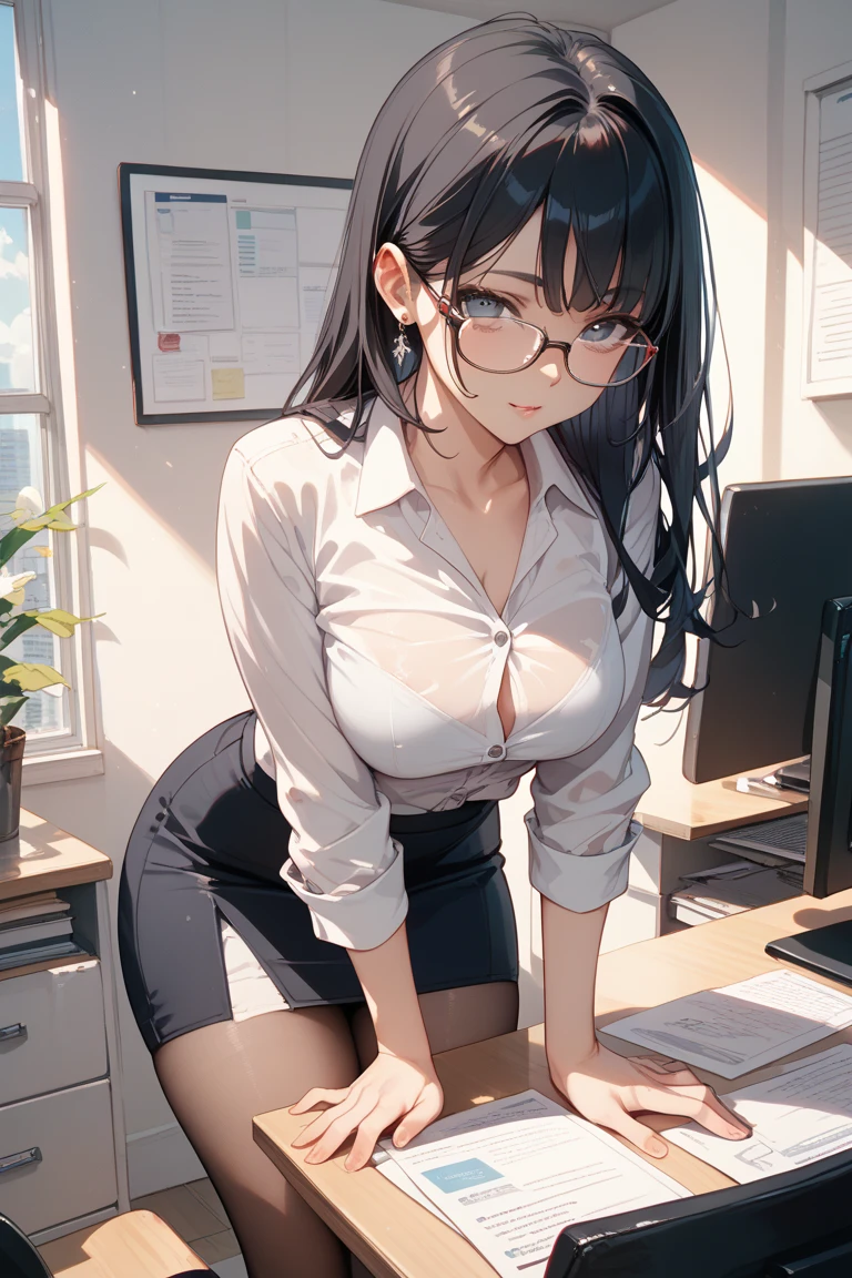 una mujer hermosa, oficinista, sexy, pelo negro corto recogido en una cola de caballo, gafas, ojos verdes, blusa blanca ajustada con escote, falda corta ajustada color beige, Hourglass Athletic Body, senos grandes, small waist, cadera media, piernas bien formadas, Enrojecida, cuerpo sudoroso y mojado, coqueta y lujuriosa,