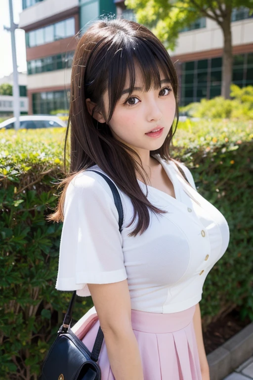 8k, Ultra-high resolution, Highest quality, Tabletop、Ultra-high resolution、Highest quality、 (Quite large breasts、Cleavage、sit on the ground with your knees wide bent、Open your legs wide to the sides:1.2)(high school girl、White dress shirt、Micro mini check pattern pleated mini skirt、Thong:1.3)、(Sit on the ground of the tree-lined avenue of Omotesando:1.2)、(Japanese girl、Black short bob、Big black eyes、Long eyelashes、Glowing Skin、Very tanned skin:1.3)Black Loafers