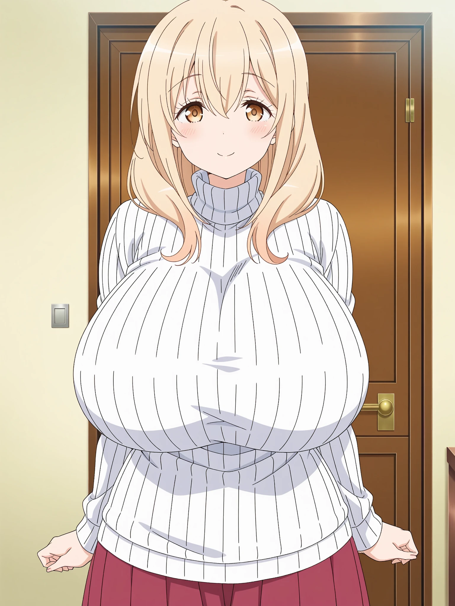 um close de uma pessoa com seios grandes em uma sala, seios grandes!, seios grandes!!, sweater with neckline, gola de tartaruga, Oppai, cell shadow adult animation, peito de barril, seios grandes, usando peitoral brilhante, garota anime sedutora, seios cobertos