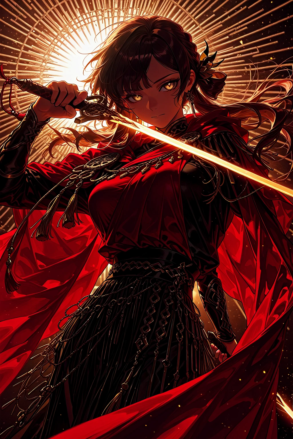 dark bloody atmosphere in oil paint in 32k full hd high quality, in blood red dress Arlequina sexy sensual cleavage + Goddess Athena fusion phoenix holding a black bladed katana with golden handle, in a cherry blossom forest with a few rays of sunlight passing through the trees, she is hurt, And she has (Black flames) as his greatest power around him, in ART style yuseke Murata