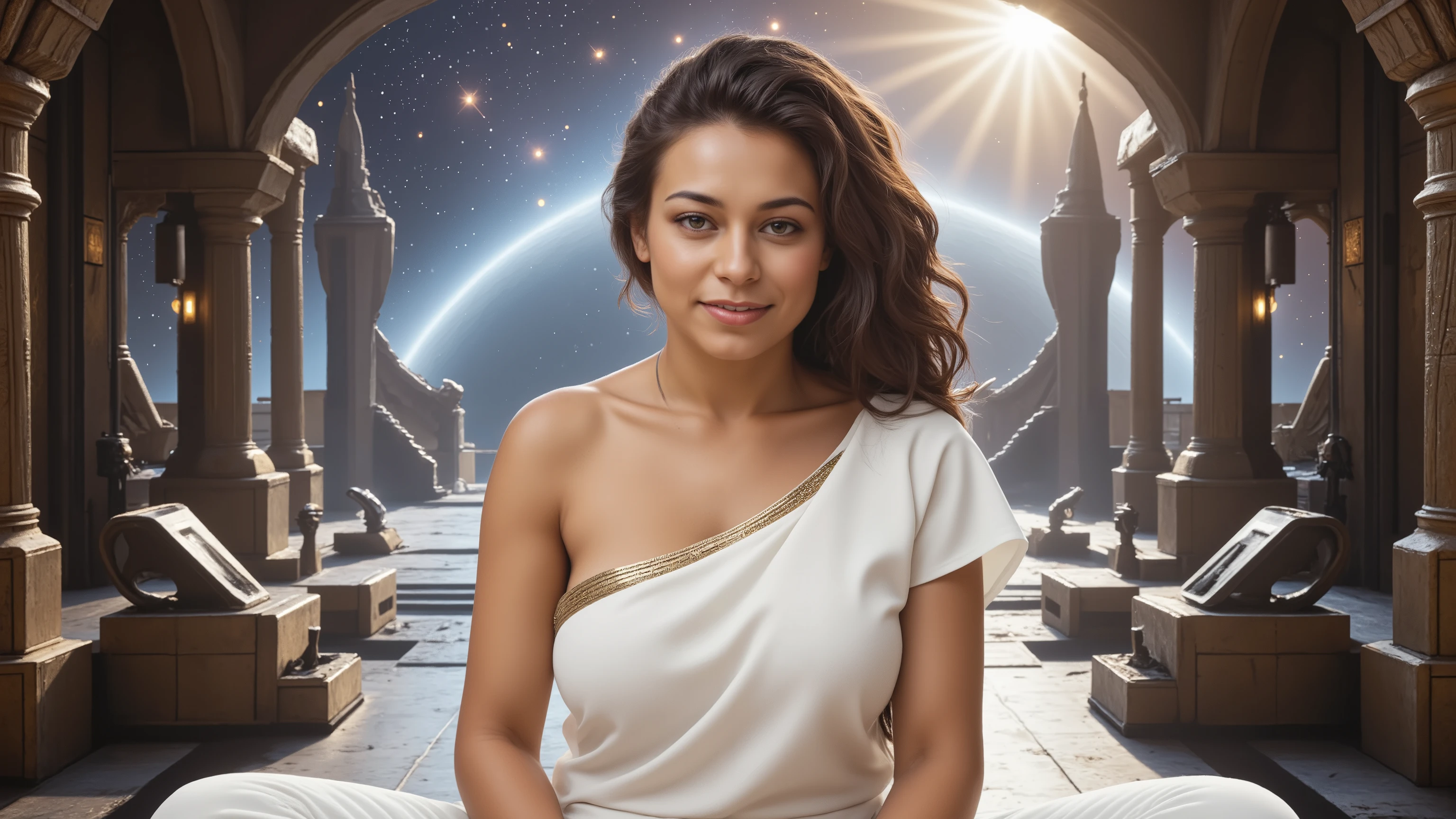 A mystical young woman, draped in a flowing white ritual cloth with gleaming gold accents, poses amidst a futuristic religious setting bathed in natural light. The interstellar backdrop and intricate details create a surreal atmosphere, while the analogue film aesthetic, with its distinctive grain and Kodachrome hues, adds an air of cinematic mystique. Insanely detailed, this photorealistic masterpiece radiates an otherworldly essence, as if captured by a 16k, UHD, HDR camera, transporting viewers to a realm of ritualistic wonder.